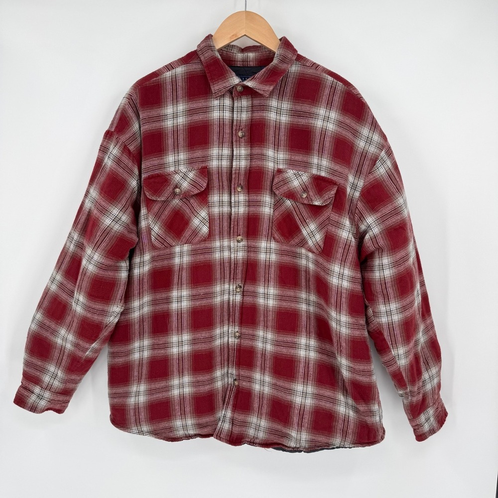 Basic Editions Burgundy Plaid Quilted Lined Flannel Shirt Jacket Men's Large‎
